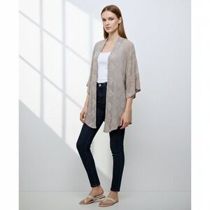 Johnny Was Embroidered Eyelet Floral Waterfall Kimono Gray Cream Women S